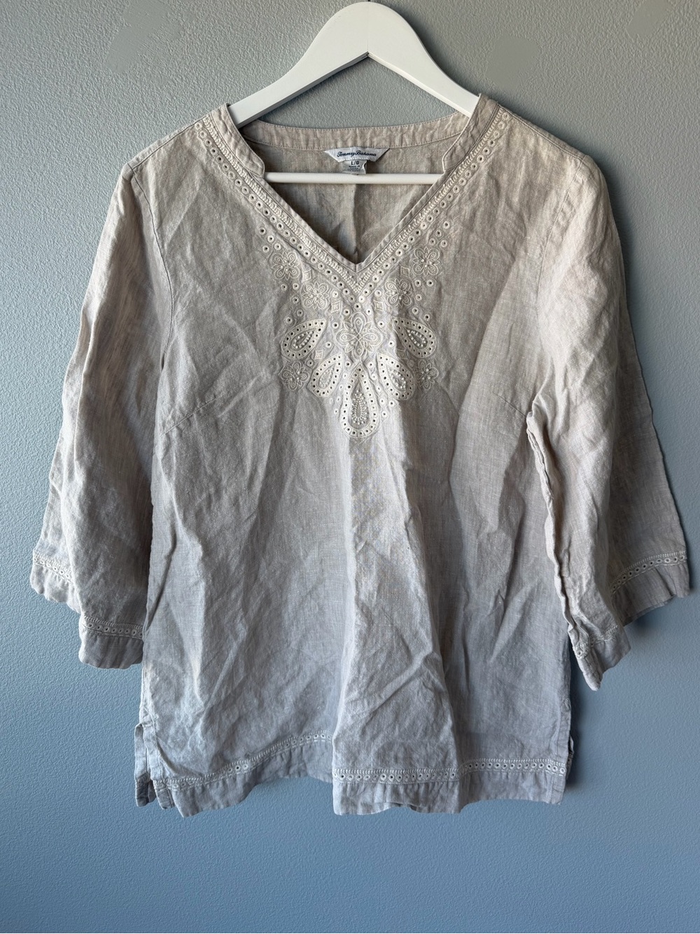 Tommy Bahama taupe tan 100% linen embroidered tunic top Women’s sz L